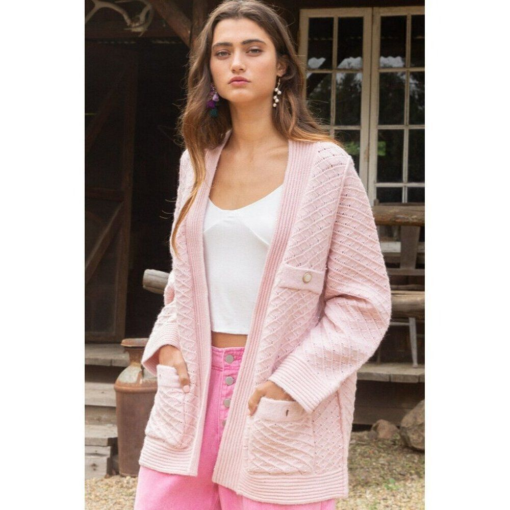 POL Clothing Women's Baby Pink Luxe Open Cardigan Sweater with Buttons YST174 - Picture 4 of 12